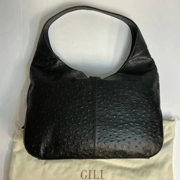 GILI Ostrich Leather Hobo Bag Stirrup Black NWOT Dust bag Shoulder Purse Handbag - Picture 4 of 8